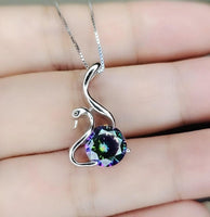 Mystic Topaz Swan Necklace - 18Kgp @ Sterling Silver - Rainbow Mystic Topaz Pendant - Solitaire Single Simple Bird Pendant #155