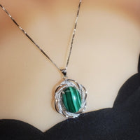 Natural Malachite Necklace - 18KGP @ Sterling Silver - Large Genuine Oval Green Malachite Pendant - Heart Chakra Healing 1117