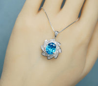 Blue Topaz Necklace - Diamond Milky Way Spiral Pendant 18KGP White Gold Sterling Silver - 3 CT Galaxy Energy Vortexes Windmill Jewelry #987