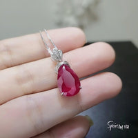 5.5 CT Teardrop Red Ruby Necklace， Diamond Crown Flower Red Ruby Pendant， Sterling Silver White Gold Plated July Birthstone 1029