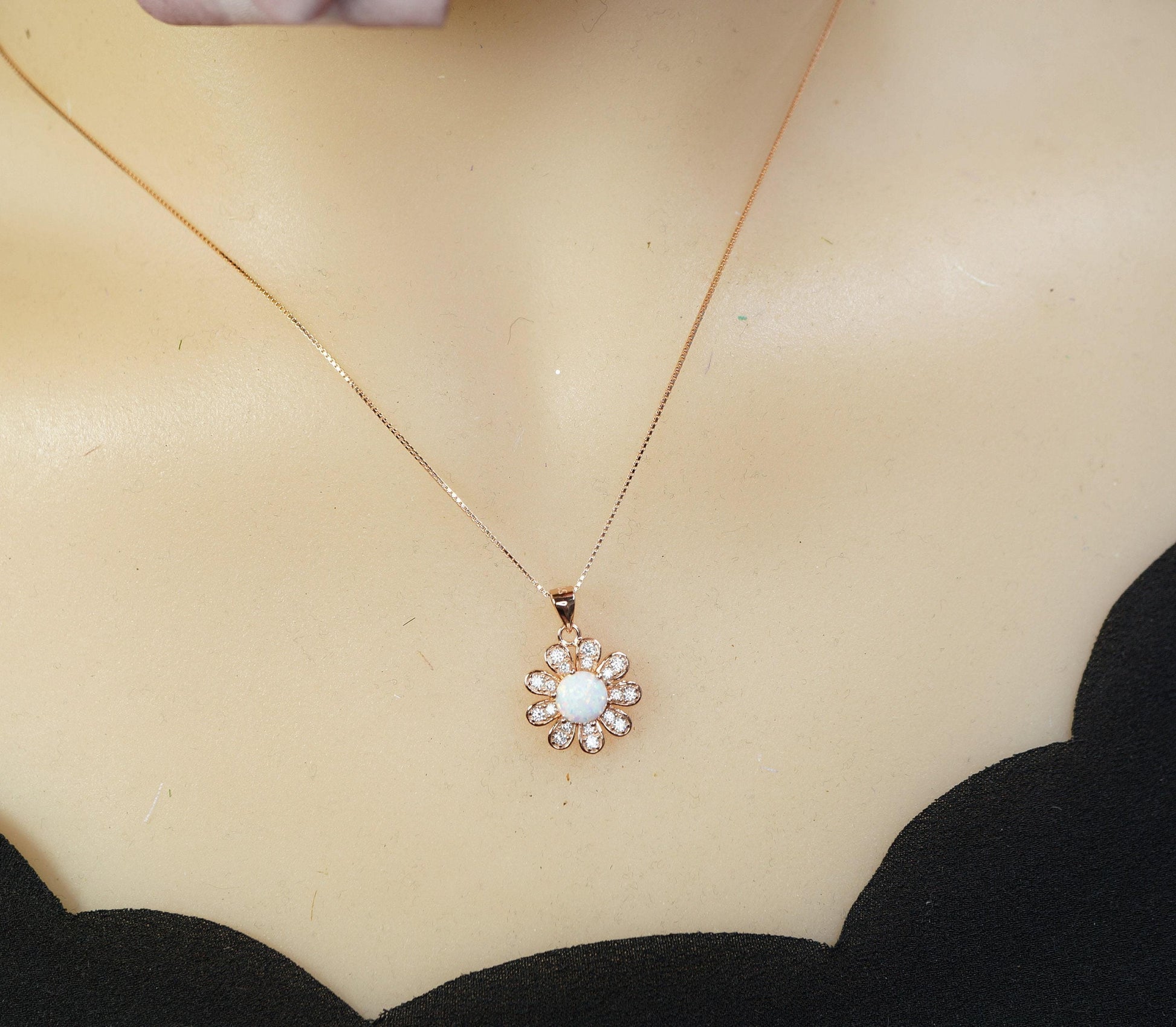 MINI Rose Gold Fire Opal Necklace Sterling Silver Sunflower style Round Tiny White Opal Pendant Solid 18kgp 069