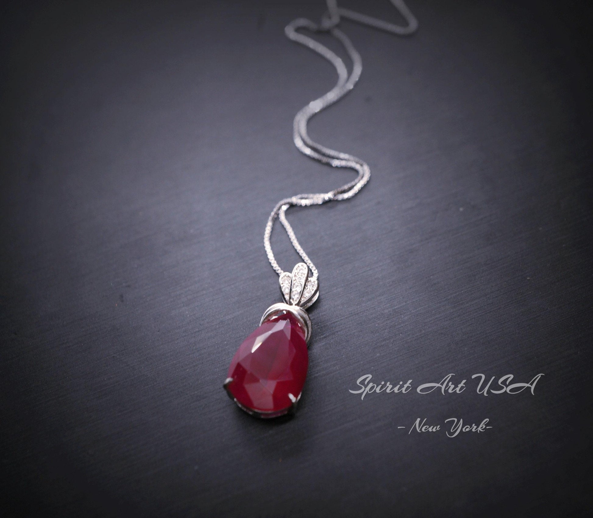 5.5 CT Teardrop Red Ruby Necklace， Diamond Crown Flower Red Ruby Pendant， Sterling Silver White Gold Plated July Birthstone 1029