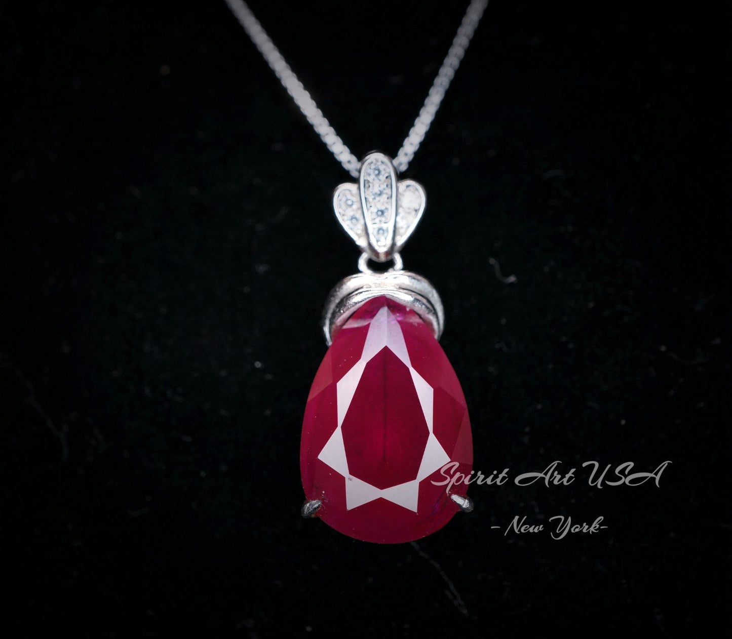 5.5 CT Teardrop Red Ruby Necklace， Diamond Crown Flower Red Ruby Pendant， Sterling Silver White Gold Plated July Birthstone 1029