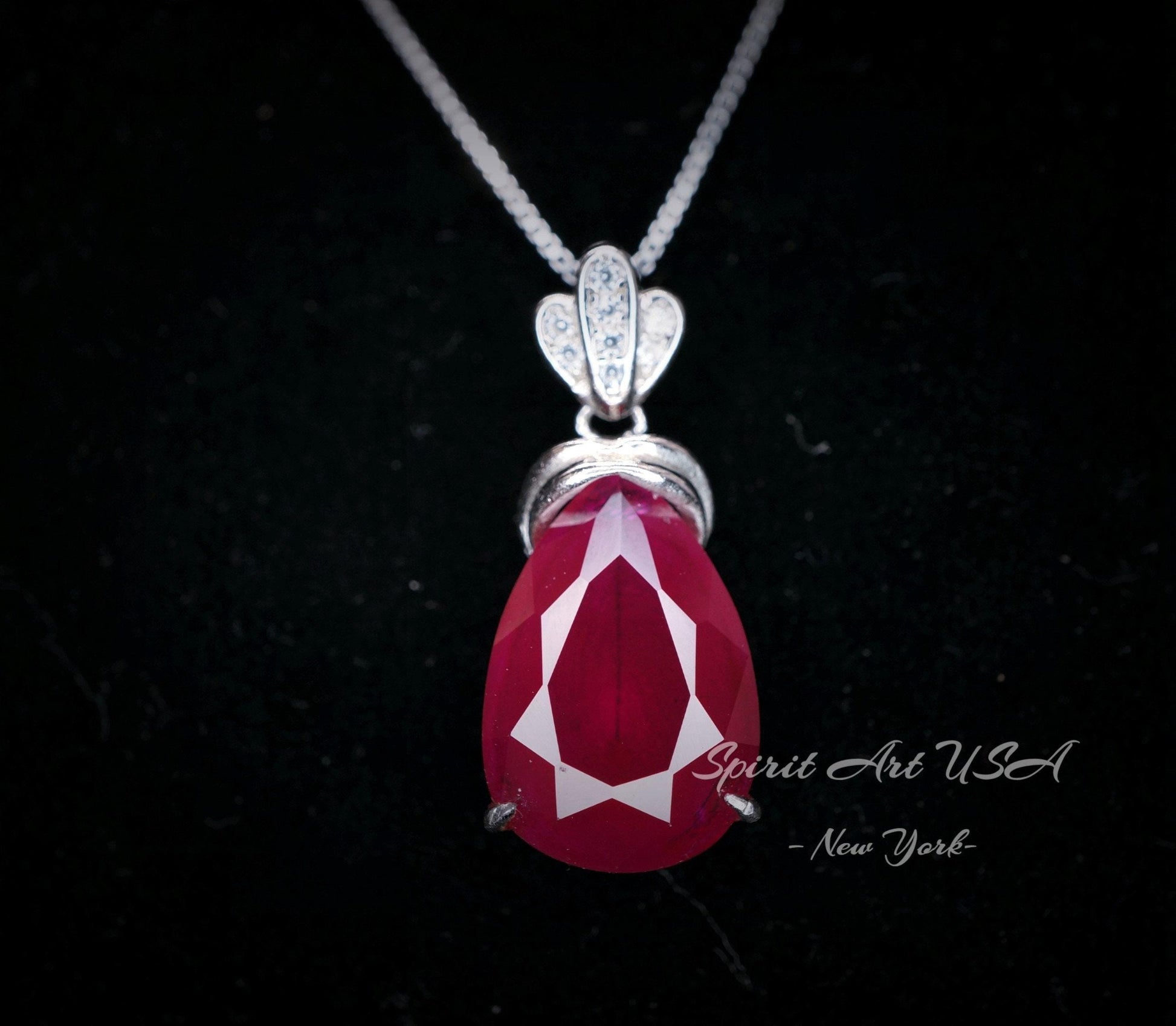 5.5 CT Teardrop Red Ruby Necklace， Diamond Crown Flower Red Ruby Pendant， Sterling Silver White Gold Plated July Birthstone 1029
