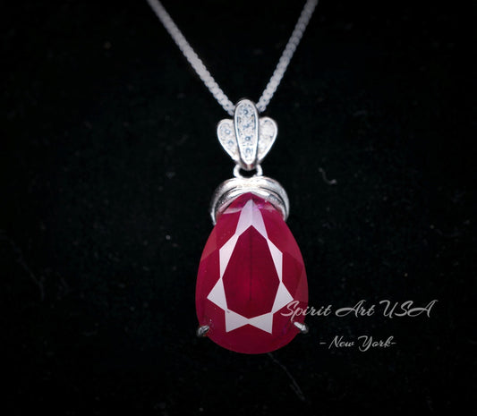 5.5 CT Teardrop Red Ruby Necklace， Diamond Crown Flower Red Ruby Pendant， Sterling Silver White Gold Plated July Birthstone 1029