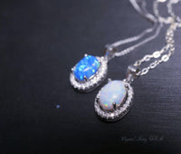Blue Opal Necklace, sterling silver rainbow White Opal CZ Necklace, Solitaire Opal Box Chain Minimalist High Quality