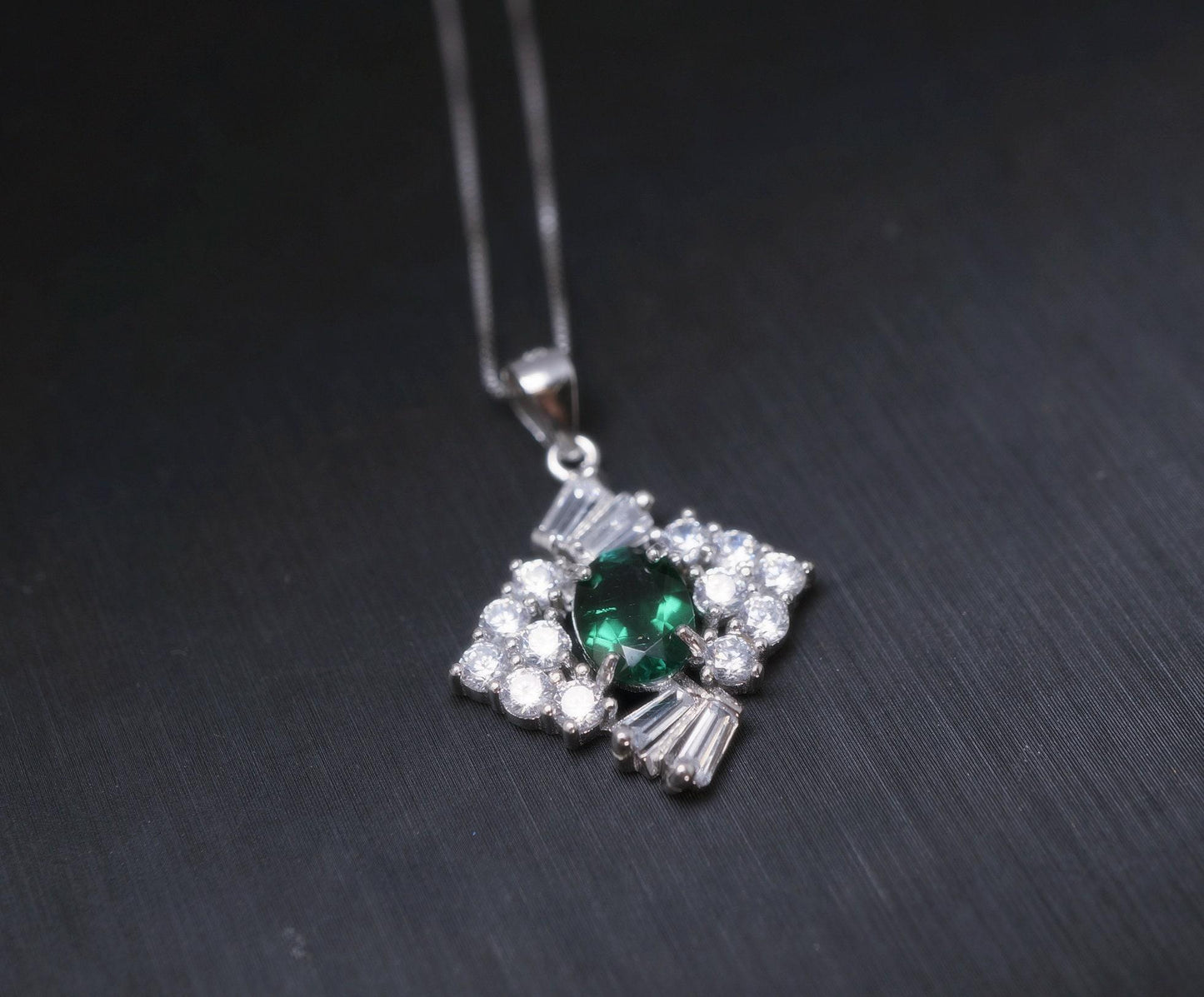 Emerald Necklace Sterling Silver Square Green emerald pendant May birthstone 1026
