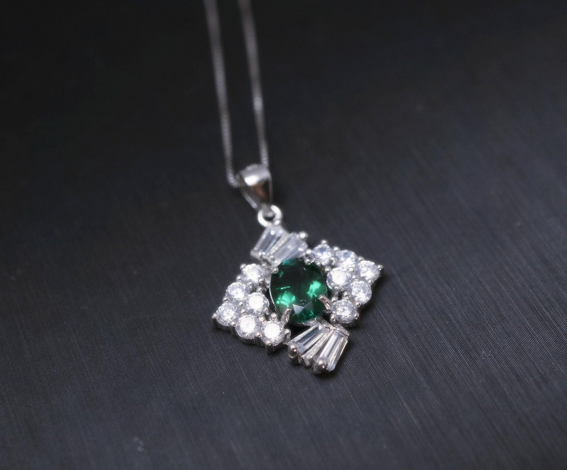 Emerald Necklace Sterling Silver Square Green emerald pendant May birthstone 1026