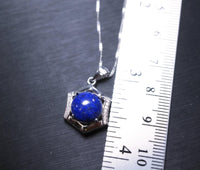 Sterling Silver Lapis Lazuli Necklace, Blue Stone Hexagon Six Sides Geometric Halo Natural Cobalt Lapis Lazuli Box Chakra Healing 1030