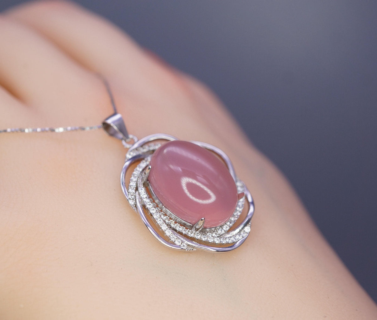 Natural Pink Chalcedony Necklace - 18KGP @ Sterling Silver - Diamond Net Pink Gemstone - Genuine Pink Chalcedony Pendant 1070