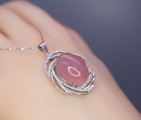 Natural Pink Chalcedony Necklace - 18KGP @ Sterling Silver - Diamond Net Pink Gemstone - Genuine Pink Chalcedony Pendant 1070