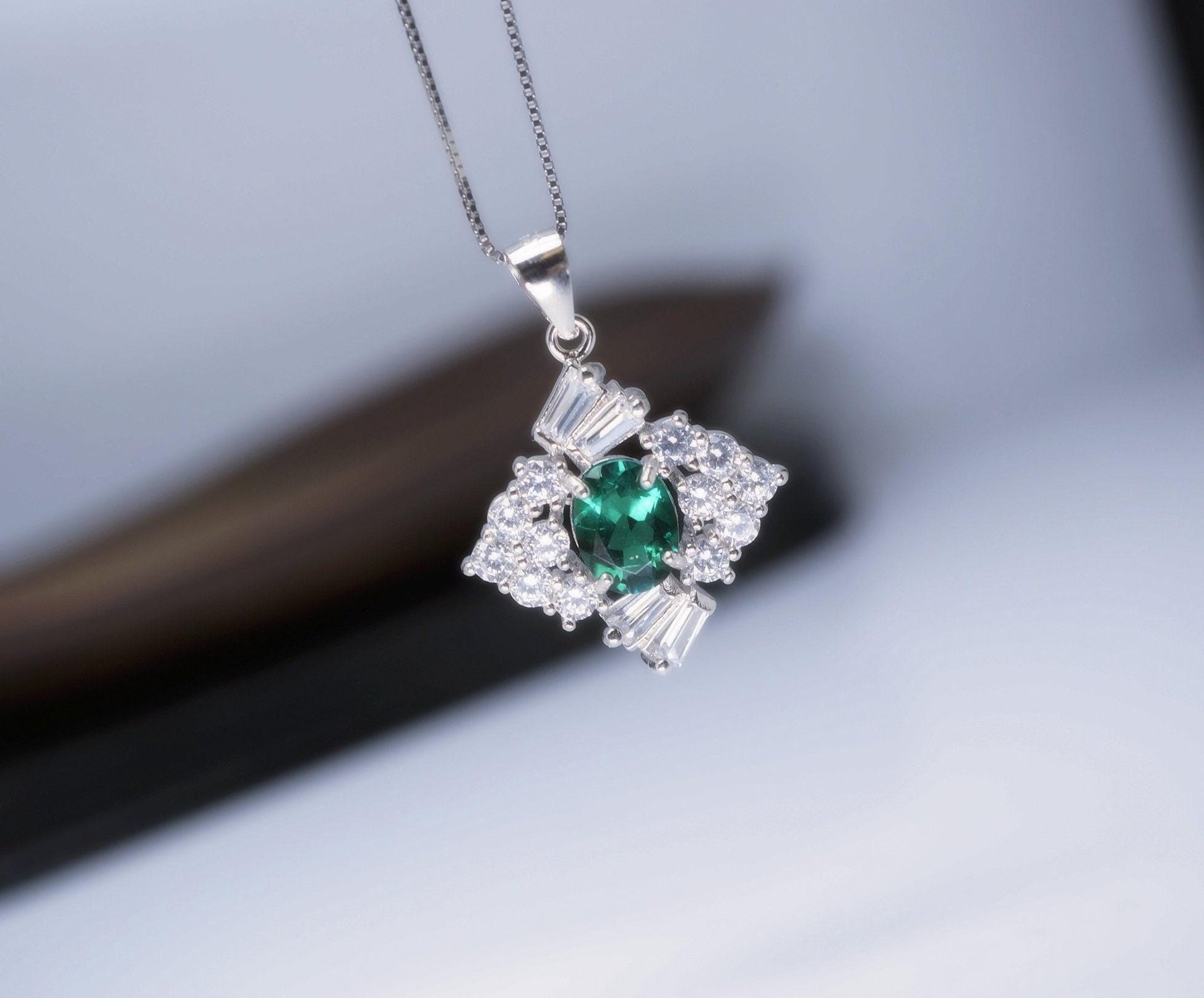 Emerald Necklace Sterling Silver Square Green emerald pendant May birthstone 1026