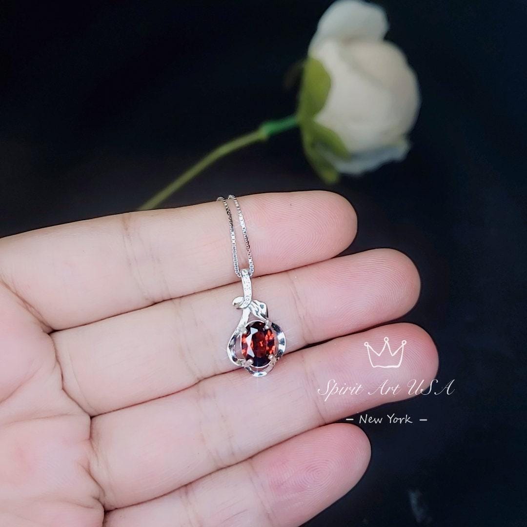 Garnet Necklace, Spessartite Garnet, Sterling Silver - January Birthstone - Minimalist Necklace - Dainty Silver Flower Necklace