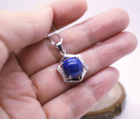 Sterling Silver Lapis Lazuli Necklace, Blue Stone Hexagon Six Sides Geometric Halo Natural Cobalt Lapis Lazuli Box Chakra Healing 1030