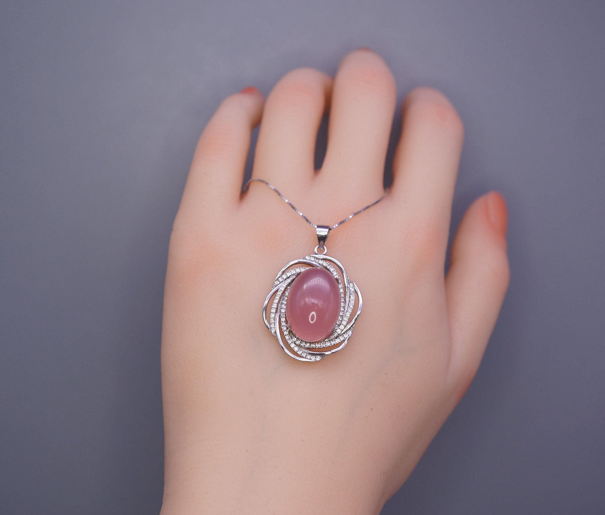 Natural Pink Chalcedony Necklace - 18KGP @ Sterling Silver - Diamond Net Pink Gemstone - Genuine Pink Chalcedony Pendant 1070