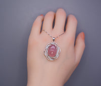 Natural Pink Chalcedony Necklace - 18KGP @ Sterling Silver - Diamond Net Pink Gemstone - Genuine Pink Chalcedony Pendant 1070