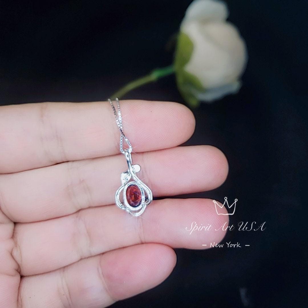 Garnet Necklace, Spessartite Garnet, Sterling Silver - January Birthstone - Minimalist Necklace - Dainty Silver Flower Necklace