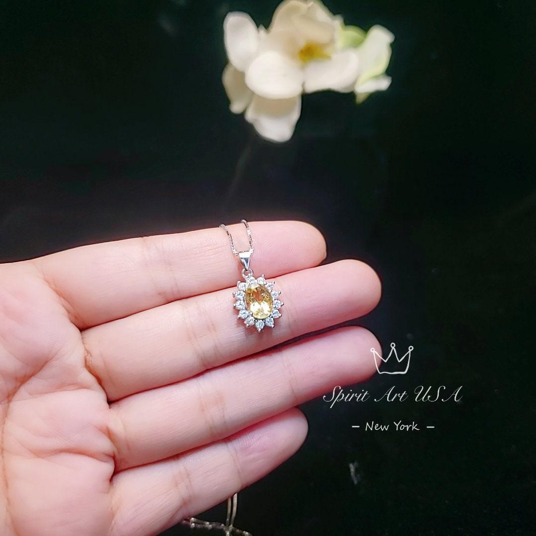 Sterling Silver Genuine Citrine Necklace, Halo Solitaire Citine Pendant, High Quality Fine Citrine Jewelry, diamond Stone 1066