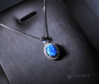 Blue Opal Necklace, sterling silver rainbow White Opal CZ Necklace, Solitaire Opal Box Chain Minimalist High Quality