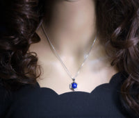 Sterling Silver Lapis Lazuli Necklace, Blue Stone Hexagon Six Sides Geometric Halo Natural Cobalt Lapis Lazuli Box Chakra Healing 1030