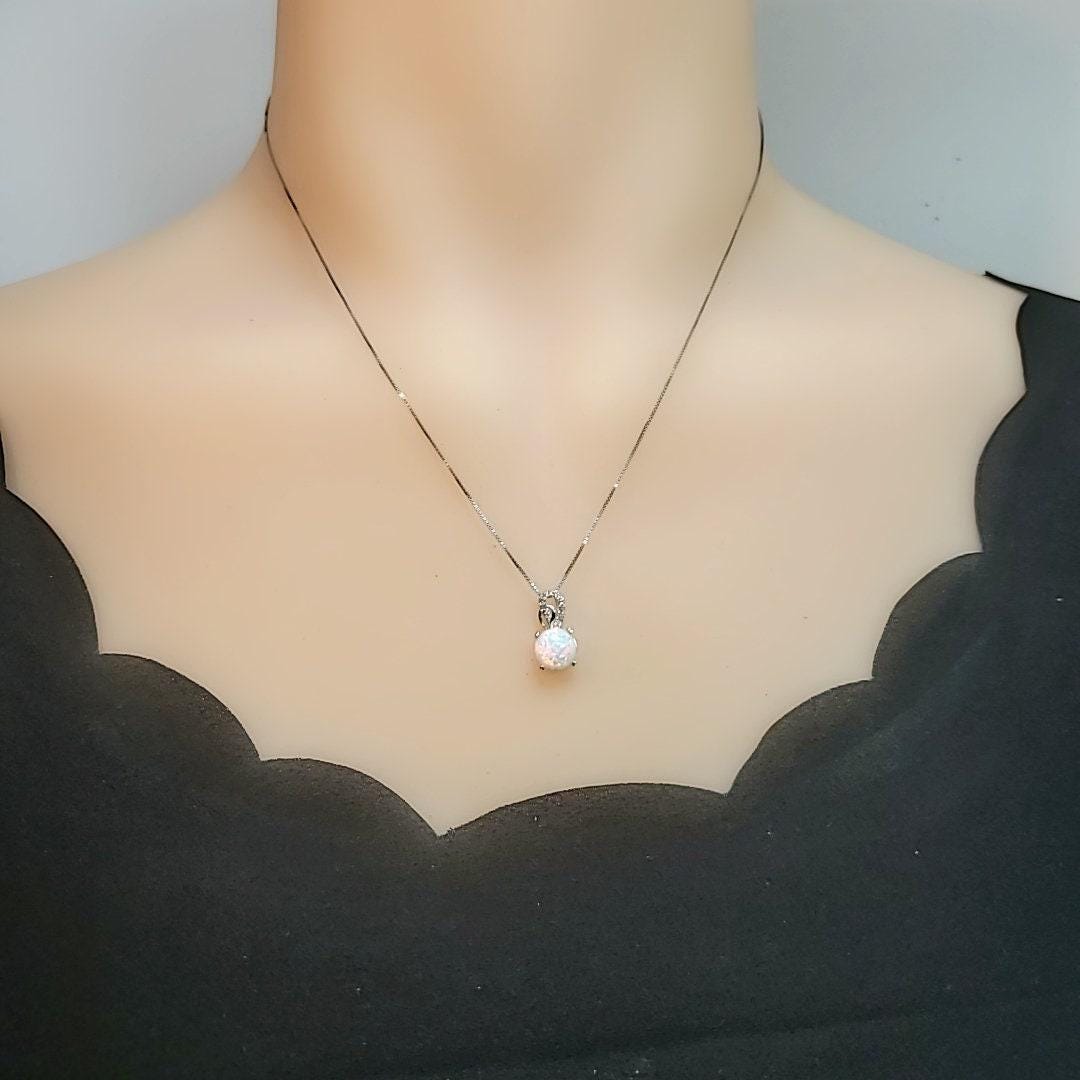 Single White Opal Necklace Sterling Silver Solitaire Simple Delicate 8 MM Fire Opal Pendant 083