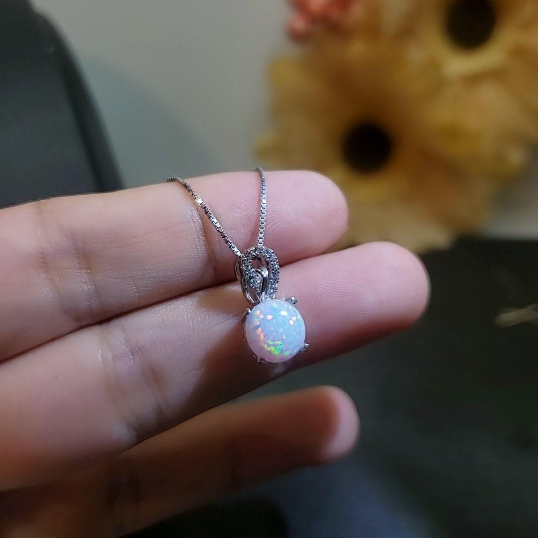Single White Opal Necklace Sterling Silver Solitaire Simple Delicate 8 MM Fire Opal Pendant 083