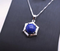 Sterling Silver Lapis Lazuli Necklace, Blue Stone Hexagon Six Sides Geometric Halo Natural Cobalt Lapis Lazuli Box Chakra Healing 1030