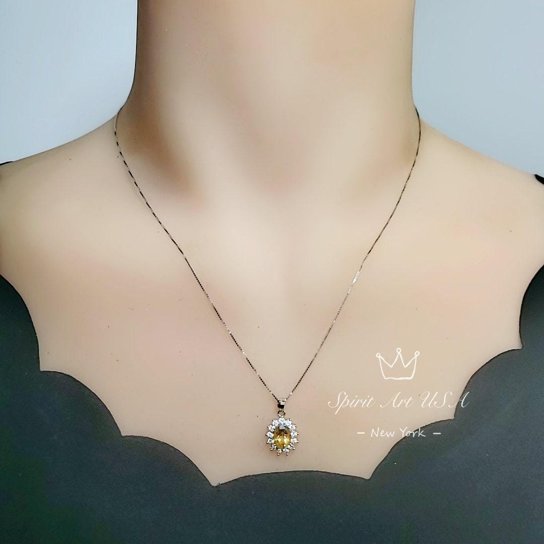 Sterling Silver Genuine Citrine Necklace, Halo Solitaire Citine Pendant, High Quality Fine Citrine Jewelry, diamond Stone 1066