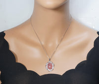 Natural Pink Chalcedony Necklace - 18KGP @ Sterling Silver - Diamond Net Pink Gemstone - Genuine Pink Chalcedony Pendant 1070
