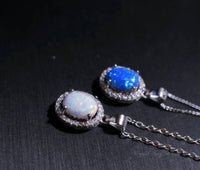 Blue Opal Necklace, sterling silver rainbow White Opal CZ Necklace, Solitaire Opal Box Chain Minimalist High Quality