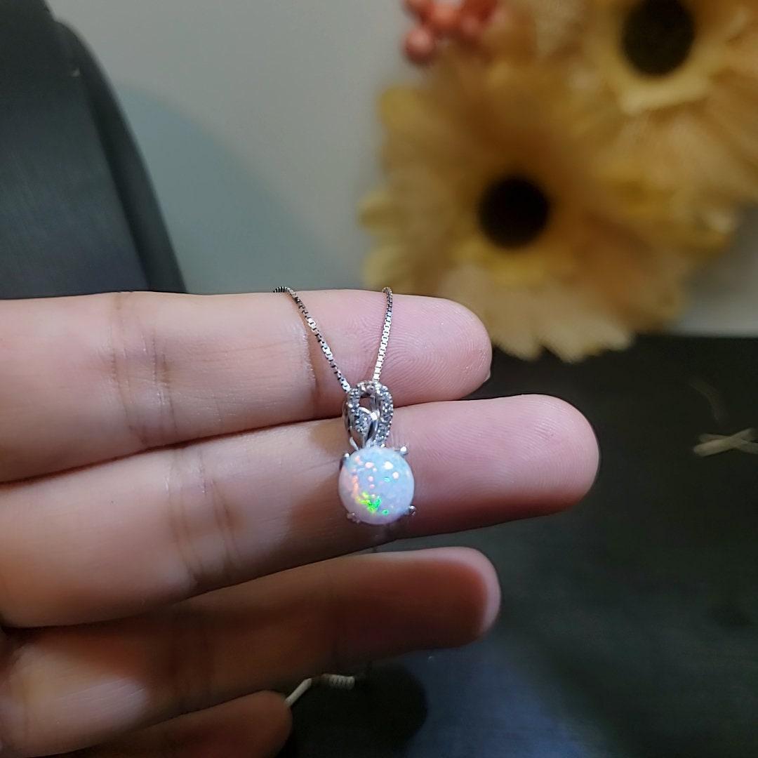 Single White Opal Necklace Sterling Silver Solitaire Simple Delicate 8 MM Fire Opal Pendant 083