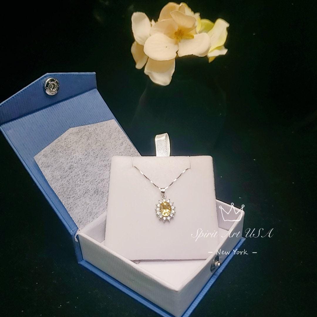 Sterling Silver Genuine Citrine Necklace, Halo Solitaire Citine Pendant, High Quality Fine Citrine Jewelry, diamond Stone 1066