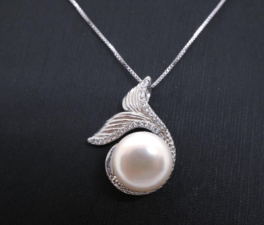 Natural White Pearl Necklace Sterling Silver, Large Freshwater bridal Peal jewelry Mermaid Fish Tail Jewelry 1097