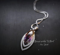 Ametrine Necklace Marquise Cut - White Gold Coated Full Sterling Silver - Large 3 CT Ametrine Pendant Diamond Leaf Navette Style