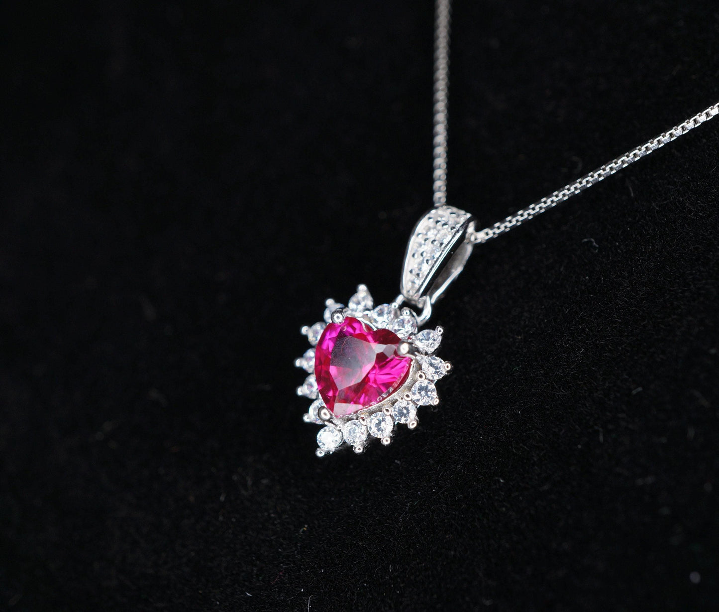 Dainty Heart Red Ruby Necklace Sterling Silver - July Birthstone - Tiny Mini Gorgeous Halo Red Ruby Pendant small heart jewelry #063