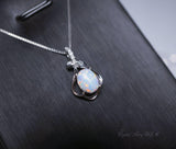 Tiny White Opal Necklace, sterling silver Petal Flower Blue Opal Pendant Oval Stone Jewelry 1018