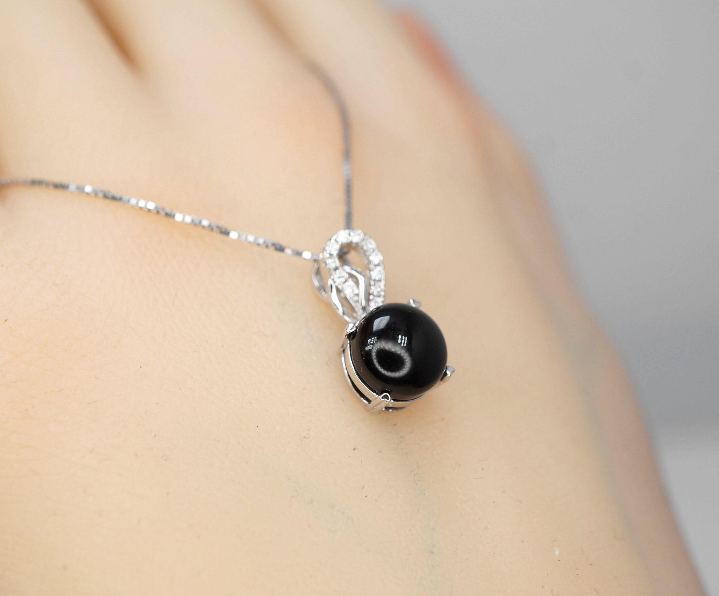Tiny Black Onyx Necklace Round 1.5 Ct Solitaire Black Onyx Pendant - Sterling Silver White Gold Plated Dainty Black Stone Protective 1088