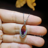 Ametrine Necklace Marquise Cut - White Gold Coated Full Sterling Silver - Large 3 CT Ametrine Pendant Diamond Leaf Navette Style