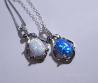 Tiny White Opal Necklace, sterling silver Petal Flower Blue Opal Pendant Oval Stone Jewelry 1018