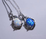Tiny White Opal Necklace, sterling silver Petal Flower Blue Opal Pendant Oval Stone Jewelry 1018