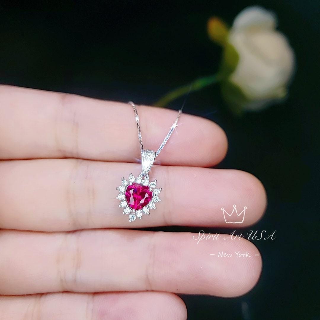 Dainty Heart Red Ruby Necklace Sterling Silver - July Birthstone - Tiny Mini Gorgeous Halo Red Ruby Pendant small heart jewelry #063
