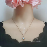 Tiny Aquamarine Necklace - Rose Gold 925 Sterling Silver Gemstone Halo Blue Aquamarine Pendant March Birthstone 076