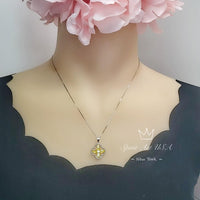 Yellow CZ Necklace - Four Leaf Clover Gold Topaz Pendant - 18KGP @ Sterling Silver - Yellow Citrine Flower Jewelry #1006