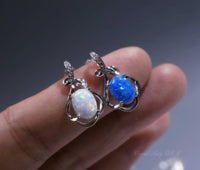 Tiny White Opal Necklace, sterling silver Petal Flower Blue Opal Pendant Oval Stone Jewelry 1018