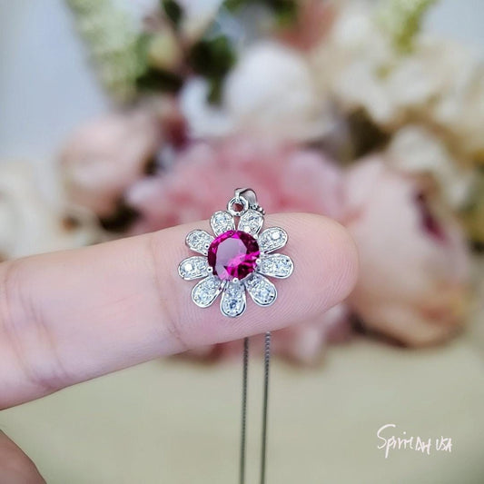 Ruby Necklace Gemstone Sunflower Pendant Sterling Silver 0.85 ct Red Ruby Pendant White Gold Plated Tiny Red Gemstone Jewelry 049
