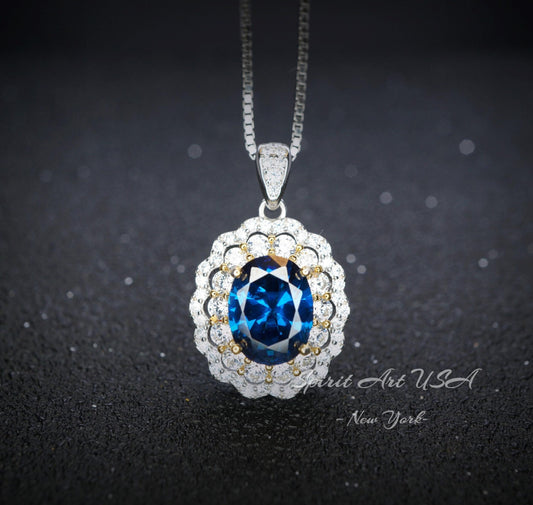 Blue Sapphire Necklace - Double Halo Gemstone - Blue Sapphire Pendant 18KGP @ Sterling Silver - September Birthstone - 2.3CT Oval #592