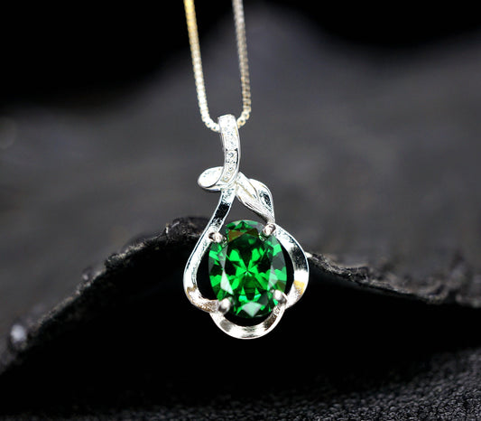 Green Emerald Necklace Sterling Silver Flower Of life Pendant, white gold 18kgp Oval Cut box chain emerald jewelry 077