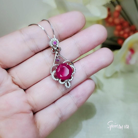 Large Ruby Necklace - Sterling Silver Round Ruby Flower Necklace - July Birthstone Bridal Ruby Jewelry 1034