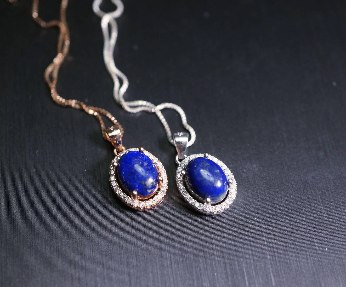 Sterling Silver Lapis Lazuil Necklace - Rose Gold Diamond Halo Blue Lapis Lazuli Pendant Jewelry 1040