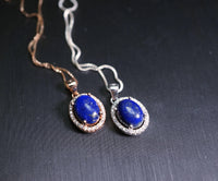 Sterling Silver Lapis Lazuil Necklace - Rose Gold Diamond Halo Blue Lapis Lazuli Pendant Jewelry 1040